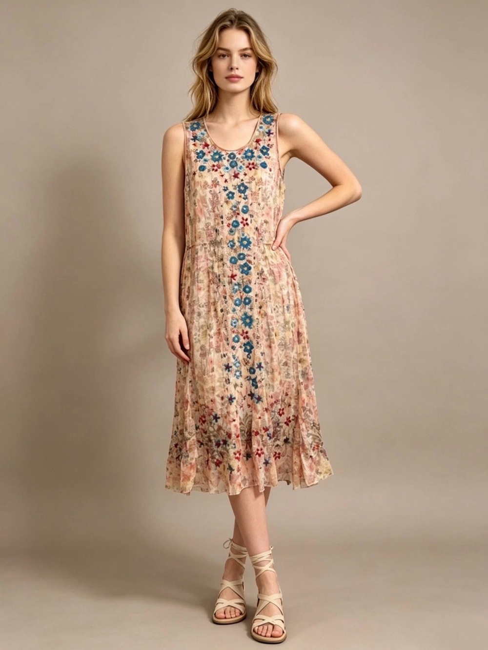 Johnny Was Nyosiv Floral Embroidered mesh Blush Midi Dress NWT Medium
